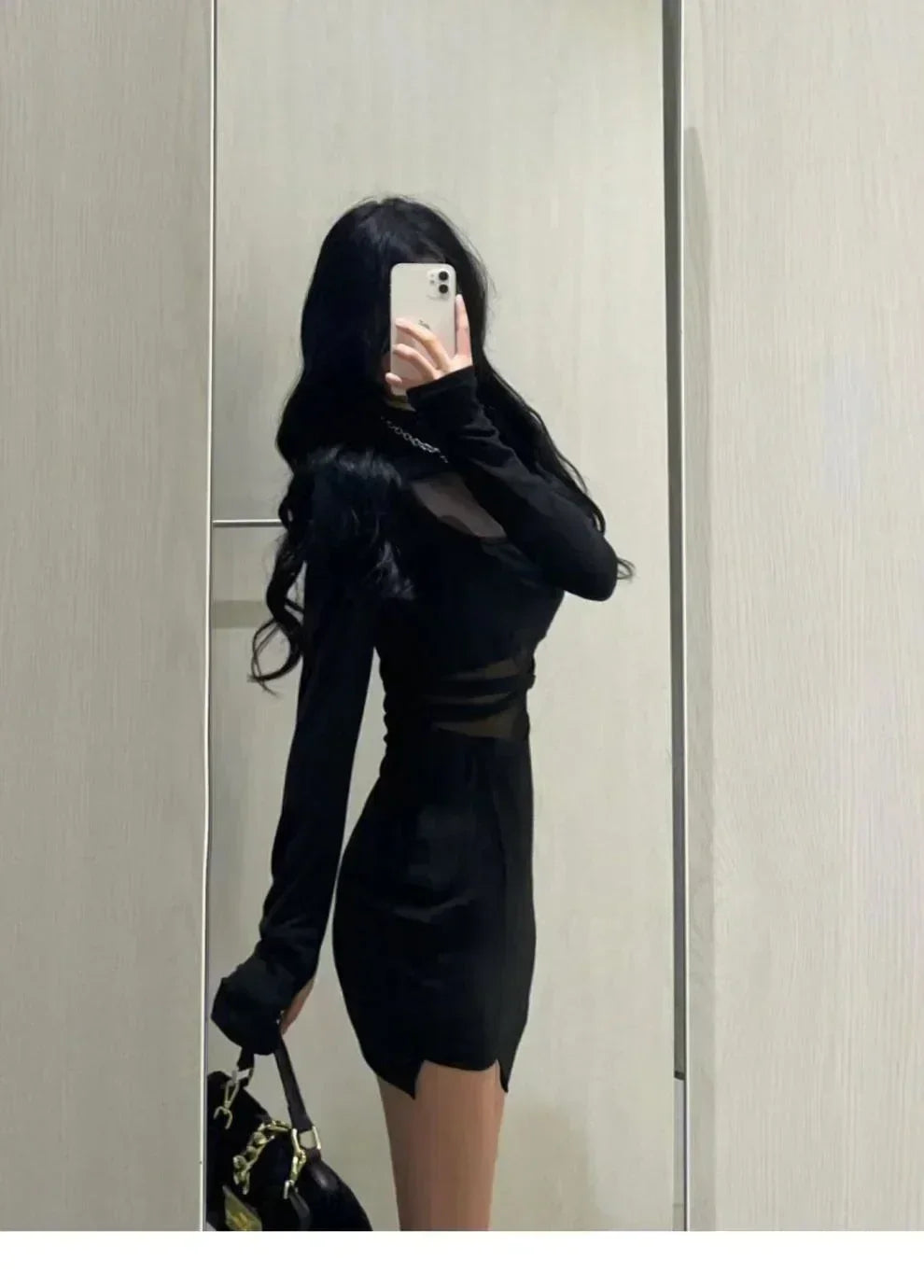 Robe trapue avec manches, nouvelle robe sexy noire à arêtes de poisson, robe moulante personnalisée pour femmes, gaze fine transparente enveloppant les fesses F8Q3