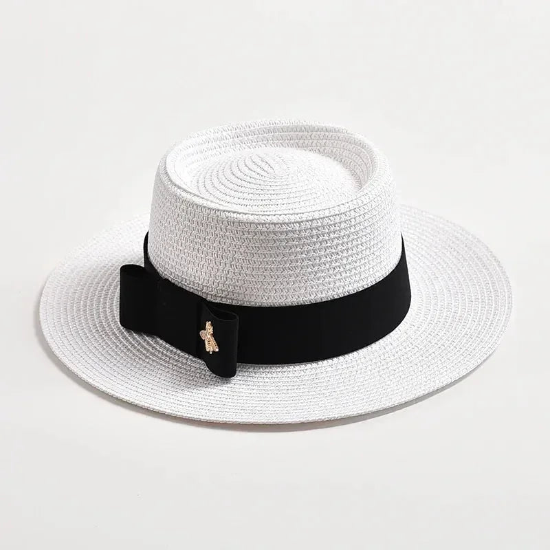 NOUVEAUX Chapeaux de paille Printemps Été pour femmes Surface ronde bosselée Dessus plat Nœud Papillon Robe Casquette Voyage Plage Soleil Chapeau Gorra