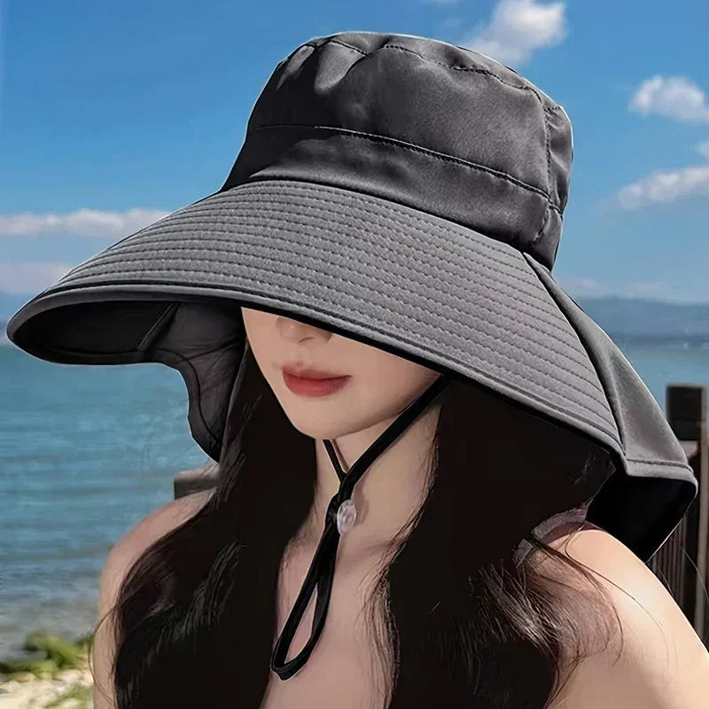 Nouveau chapeau de soleil queue de cheval avec grand bord visière protection cou femme chapeau de pêcheur chapeau d'extérieur