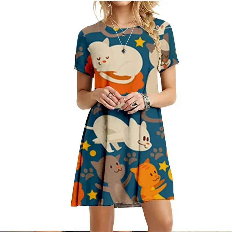 Robe imprimée chats peints, manches courtes, style kawaii pour femme, collection été 2022, col rond, décontractée, ample