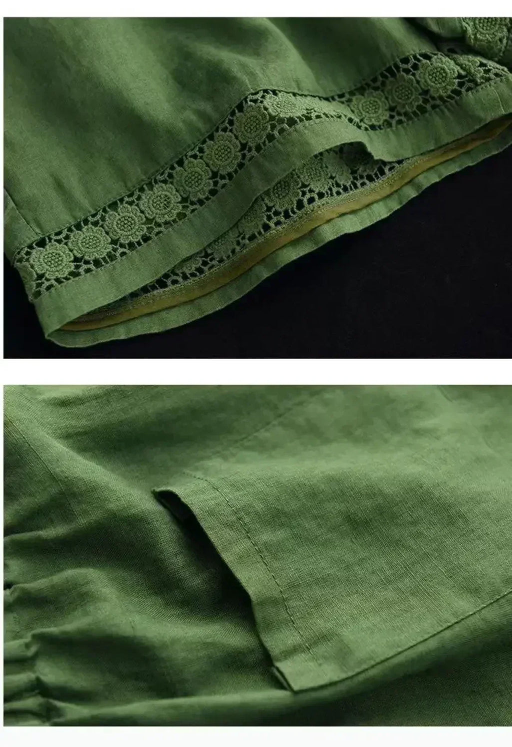 Short en coton et lin vintage taille haute élastique avec ceinture à nouer, brodé ajouré et coupe droite décontractée