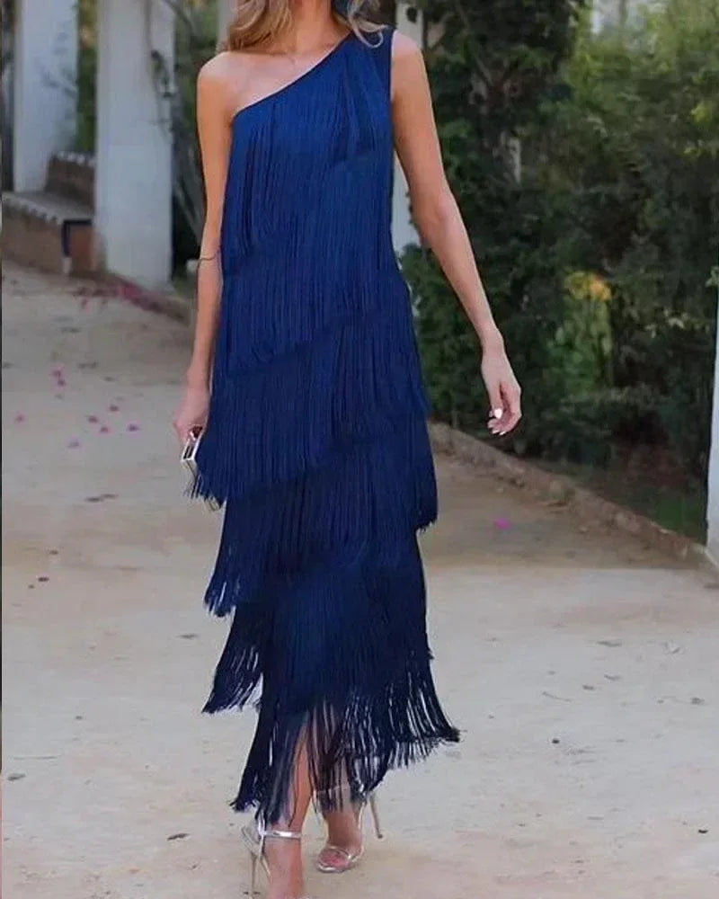 Robe asymétrique à franges, épaule dénudée, nouvelle collection Printemps-Été pour femme