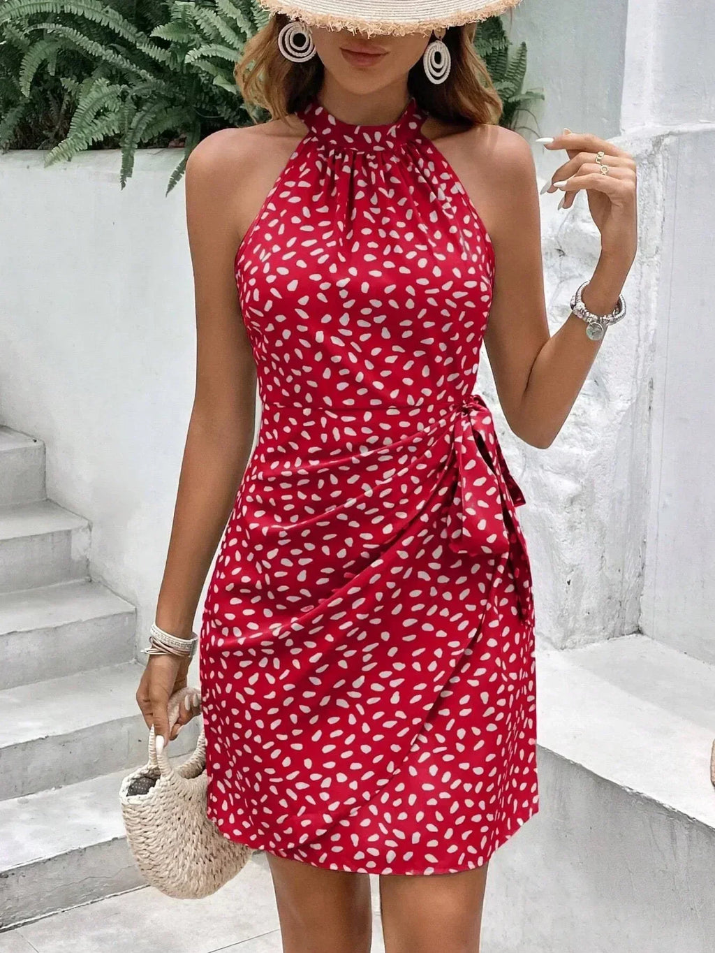 Robe courte plissée florale sans manches à fermeture éclair et col suspendu pour femmes, sexy et décontractée, mini-robe à lacets, Vestidos