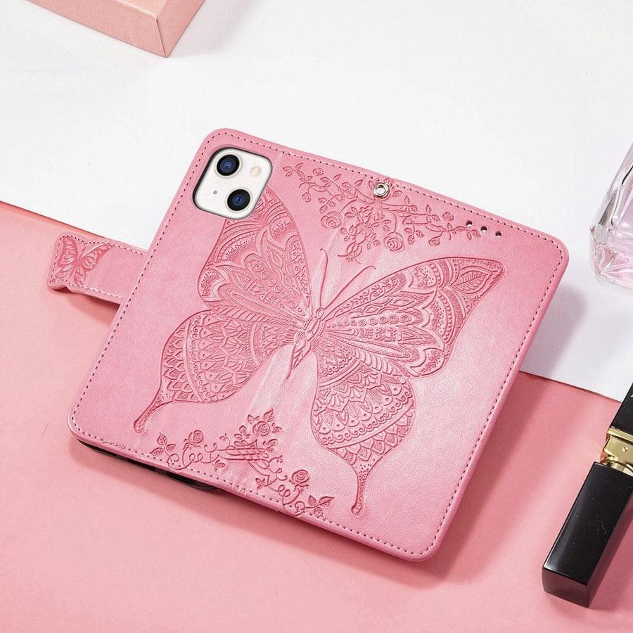 Étui Portefeuille de Luxe Rose Papillon Fleur pour iPhone 14 Pro Max 13 12 Classique Simple Cuir avec Porte-Cartes Béquille Dragonne Rabat pour iPhone