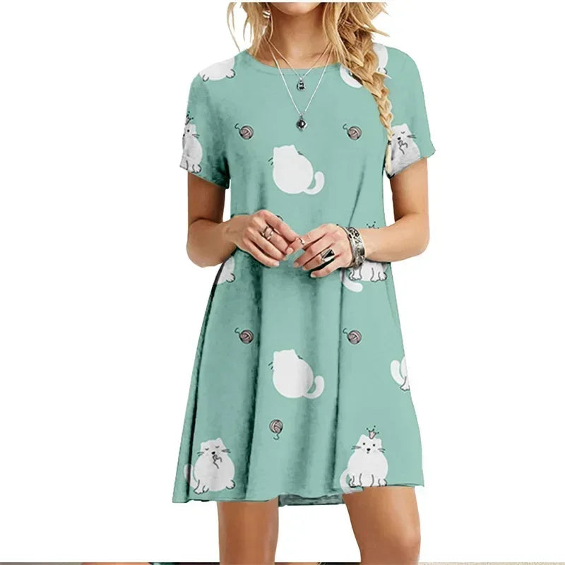 Robe imprimée chats peints, manches courtes, style kawaii pour femme, collection été 2022, col rond, décontractée, ample