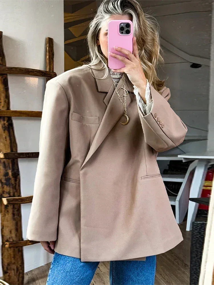 Veste de costume col V boutonnée sur le côté pour femme Manches longues couleur unie Manteaux Poignets poches Hauts oversize Vêtements féminins style urbain