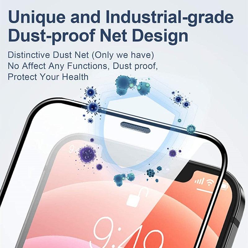 Lot de 2 verres trempés en alliage anti-poussière pour iPhone 14, 13, 12, 11 Pro, XS MAX, XR, protecteur d'écran pour iPhone 13 Mini, 14 Plus, verre de protection bord à bord, entièrement adhésif pour iPhone