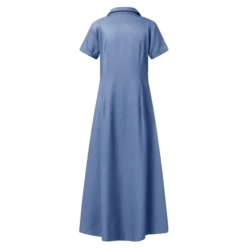 Robe Chemise en Jean Ample à Simple Boutonnage, Robe Décontractée à Manches Courtes avec Poches et Revers, Épissures et Grande Balançoire, Couleur Unie pour Femme, Nouvelle Collection 2024