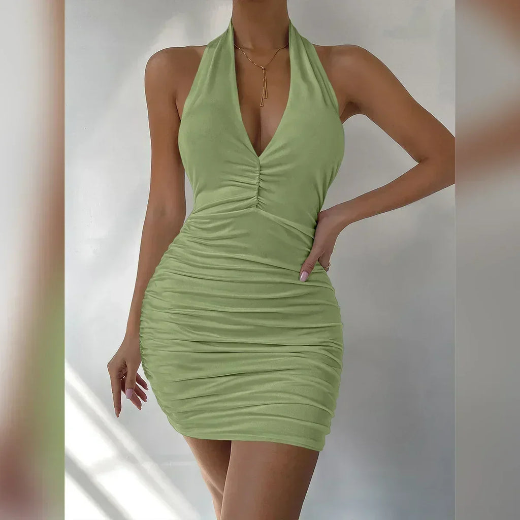 Robe courte sexy à col en V profond pour soirée, sans manches, dos nu, été 2024, blanche, licou, robe moulante pour femme, mini robe de club, tenue de club.