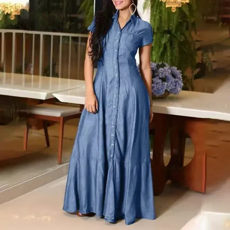 Robe Chemise en Jean Ample à Simple Boutonnage, Robe Décontractée à Manches Courtes avec Poches et Revers, Épissures et Grande Balançoire, Couleur Unie pour Femme, Nouvelle Collection 2024