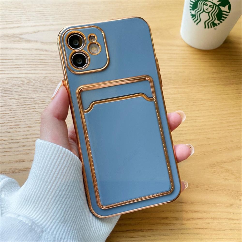 Étui de luxe plaqué en silicone avec porte-cartes pour iPhone 14 12 13 Pro Max Élégant pour femme Étui portefeuille souple antichoc Bords souples Magnifique étui pour smartphone brillant pour femme