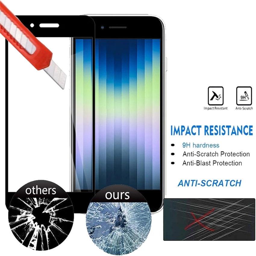 3 protecteurs d'écran en verre trempé à couverture intégrale pour iPhone SE 2022 2020 7 8 Plus, bord noir sur iPhone SE3 SE2, film de protection anti-empreintes digitales pour iPhone