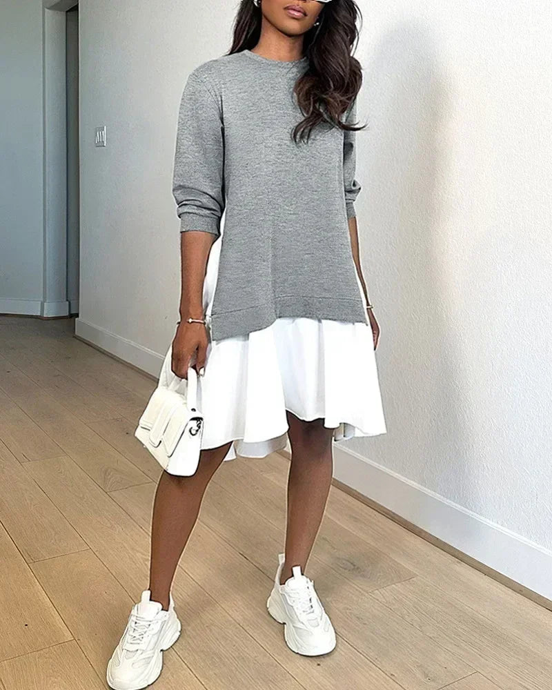Printemps Femmes Col Rond Manches Longues Robe Mini Ample Automne Vintage Robes Sweatshirt Décontracté Mode Patchwork Volants Robe Trapèze