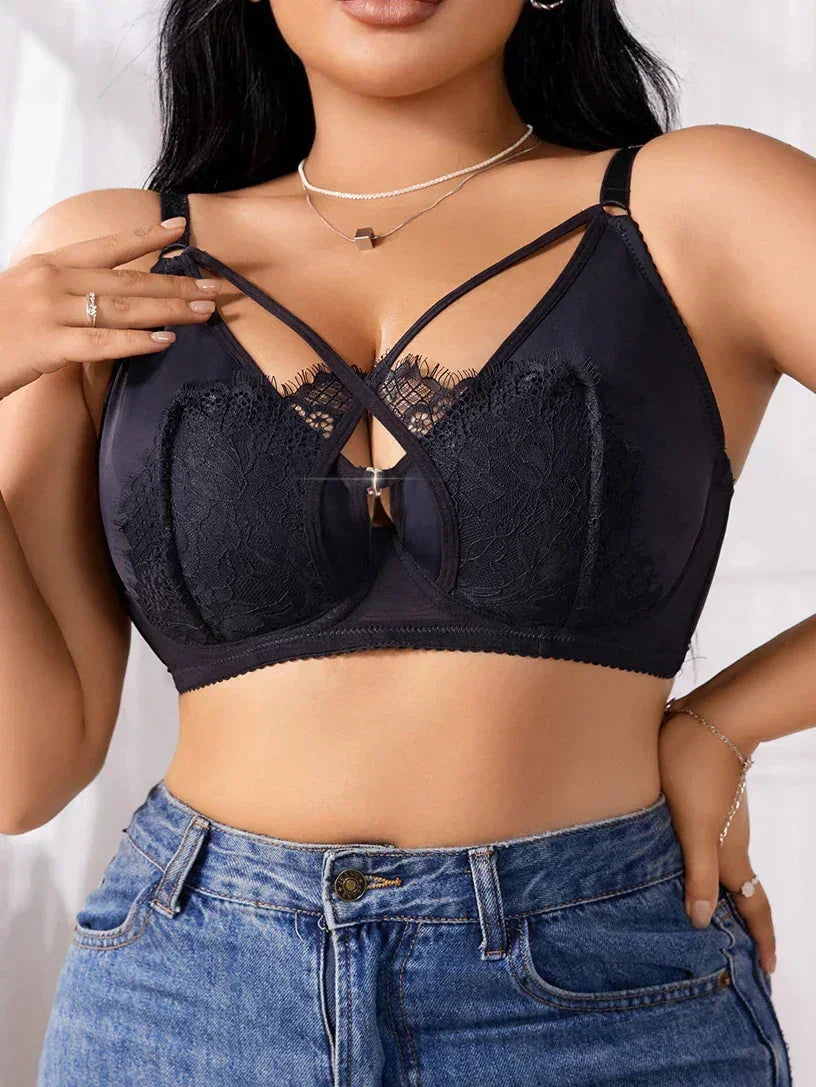 Lingerie grande taille pour femme, bonnets à demi-coupe, push-up à fronces, fermeture avant boutonnée, dentelle croisée, convient aux femmes pulpeuses XL-XXXL MR2895