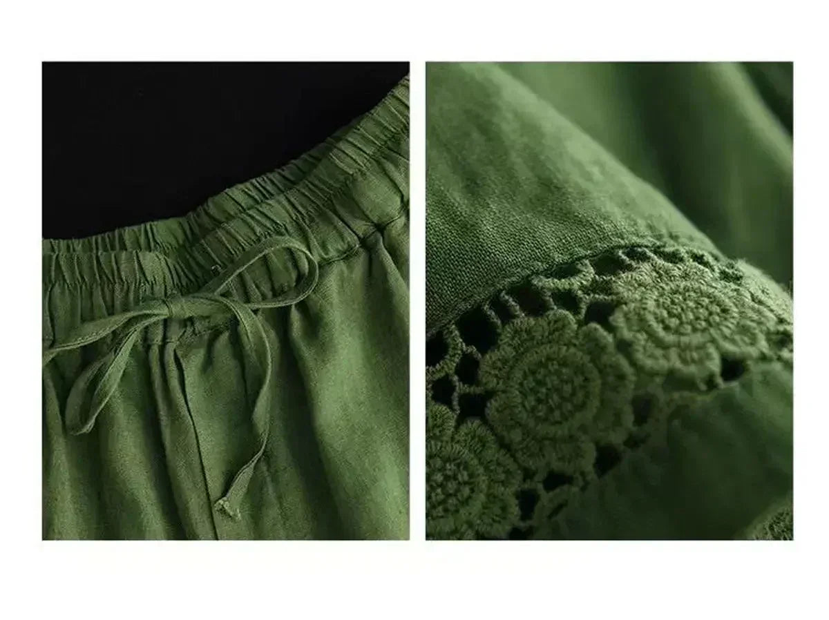 Short en coton et lin vintage taille haute élastique avec ceinture à nouer, brodé ajouré et coupe droite décontractée