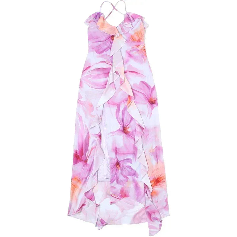 Robe Femme Weird Puss à Imprimé Floral Été Sans Bretelles Fentes Irrégulières Pompons Patchwork Dos Nu Bandage Fête Moulante Vestidos