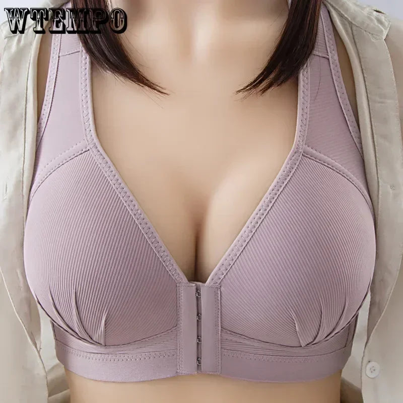WTEMPO Soutien-gorge en coton grande taille fin sans armature avec boucle avant, sous-vêtement confortable et push-up, collection douce lingerie