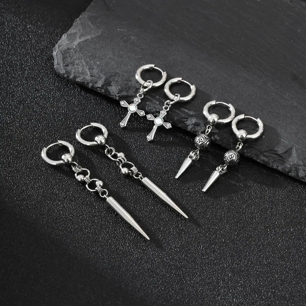 Boucles d'oreilles Huggies Punk pour homme, boucles d'oreilles pendantes vintage en acier inoxydable avec longue chaîne, cadeau élégant boucles d'oreilles croix