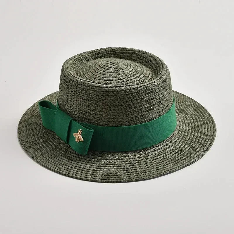 NOUVEAUX Chapeaux de paille Printemps Été pour femmes Surface ronde bosselée Dessus plat Nœud Papillon Robe Casquette Voyage Plage Soleil Chapeau Gorra