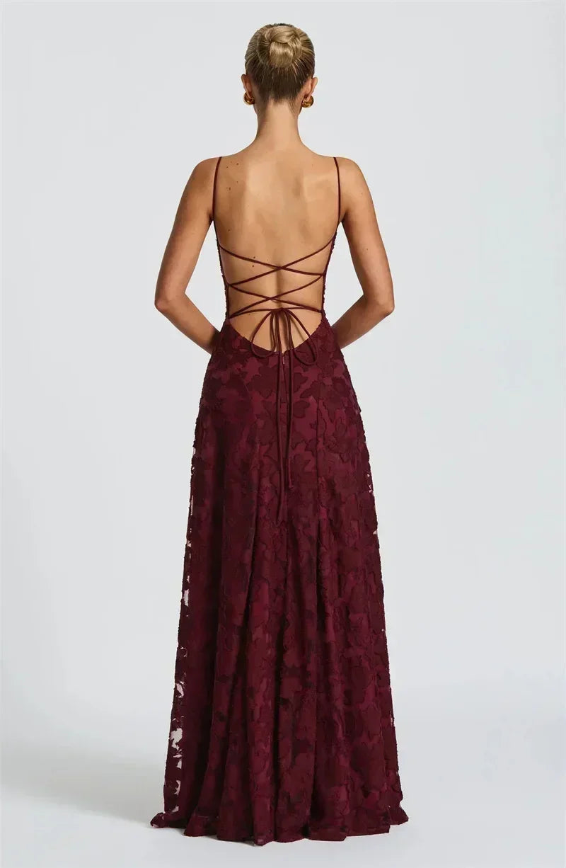 Mozision Robe longue sexy dos nu à fines bretelles pour femme, robe de soirée élégante épaules dénudées sans manches avec lacets pour club et soirée
