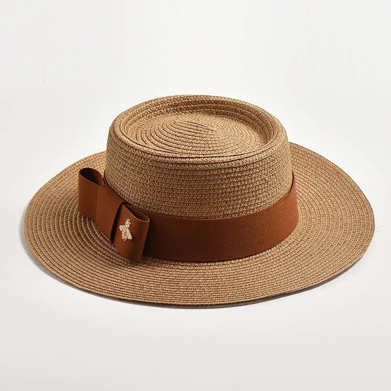 NOUVEAUX Chapeaux de paille Printemps Été pour femmes Surface ronde bosselée Dessus plat Nœud Papillon Robe Casquette Voyage Plage Soleil Chapeau Gorra