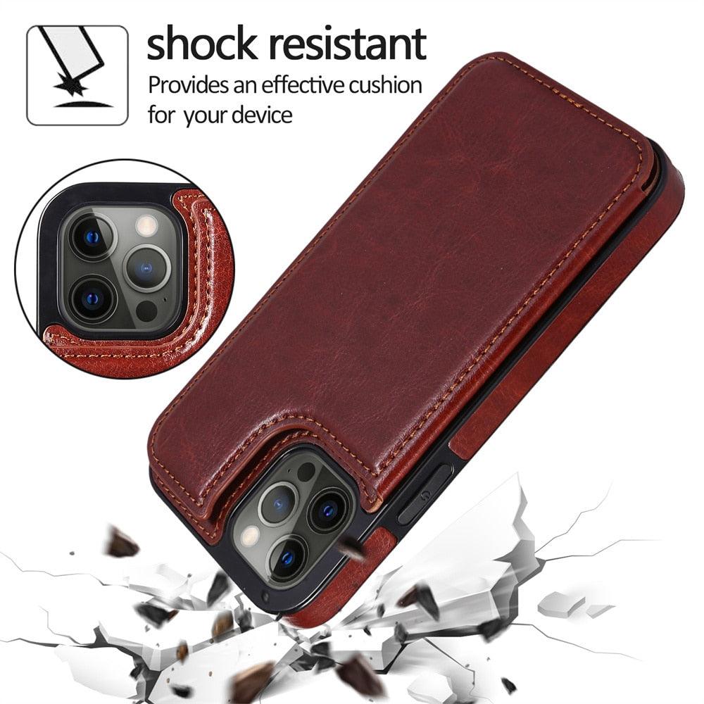 Étui en cuir de luxe pour iPhone 14 12 13 Mini 11 Pro XR XS Max 6 6s 7 8 Plus 5 5s, portefeuille, fente pour cartes de téléphone, étui à rabat en cuir PU avec béquille, fentes pour cartes, double fermoir magnétique, étui antichoc durable pour iPhone