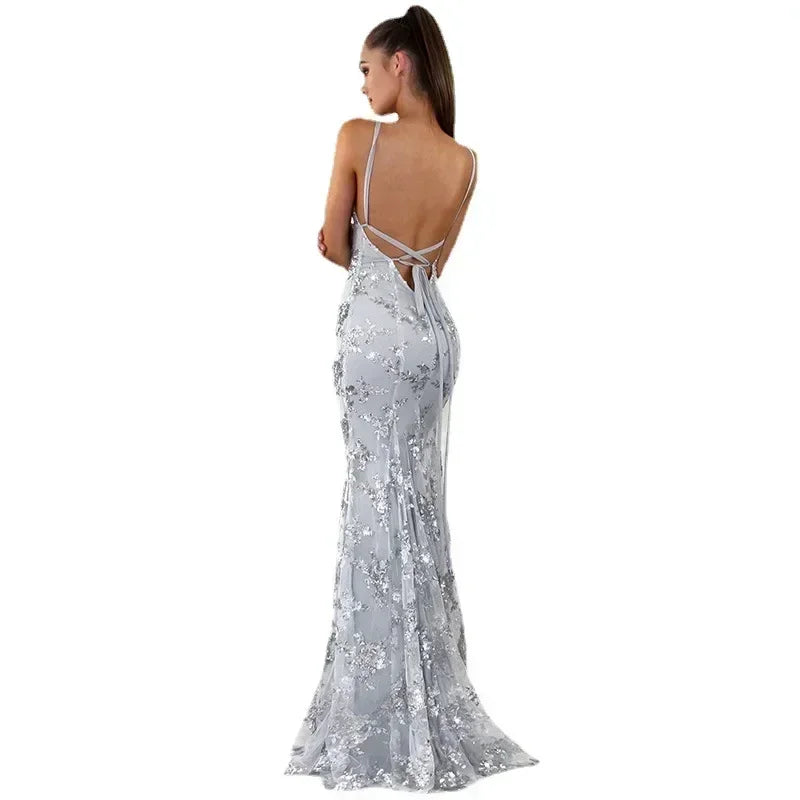 Robes pour femmes sans manches, col en V, pull, paillettes, robe de soirée, Vestidos, formelle, longueur ras du sol, sexy, cache-cœur, dos nu, slim