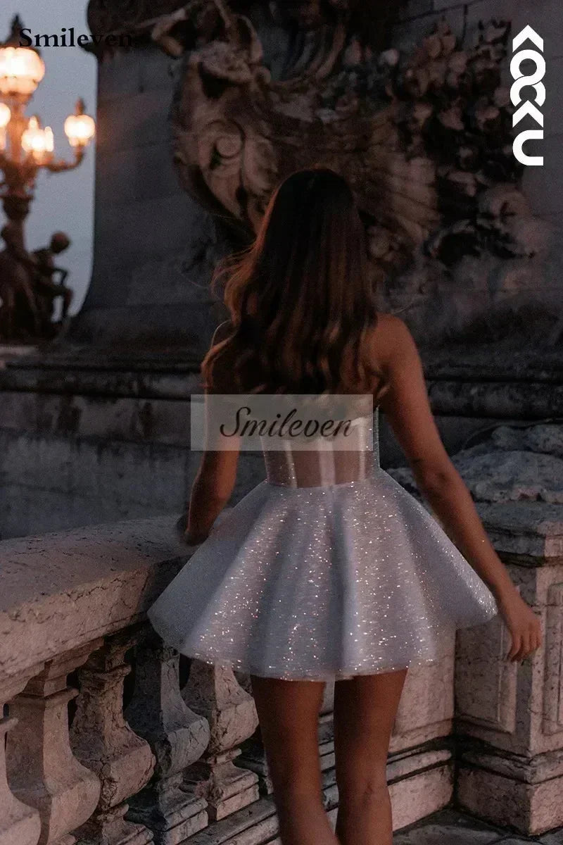 Robe de mariée courte Smileven, coupe trapèze, bustier en cœur, paillettes brillantes, mini robe de mariée, bustier en cœur, sur mesure.