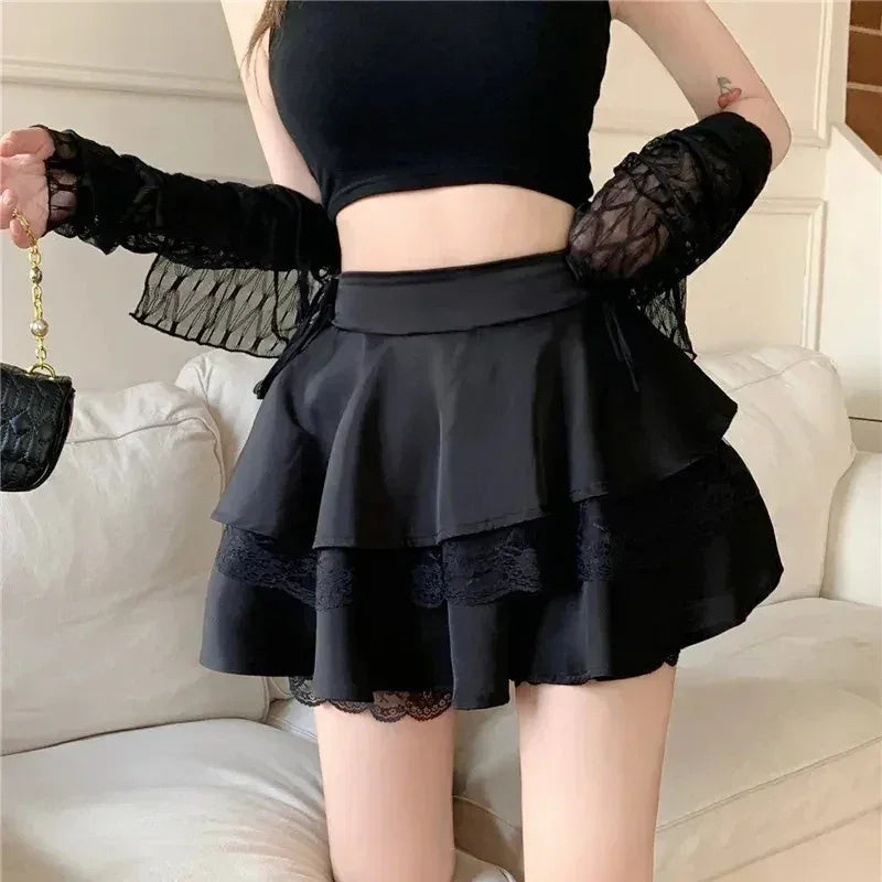 Mini-jupe Y2K Unie pour Femme, Taille Haute, Dentelle Patchwork, Robe de Bal, Mode, Volants, Jupe Féminine, Tout-assortie, Été