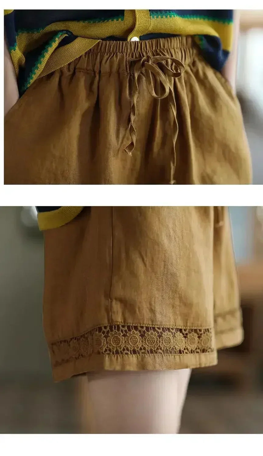 Short en coton et lin vintage taille haute élastique avec ceinture à nouer, brodé ajouré et coupe droite décontractée