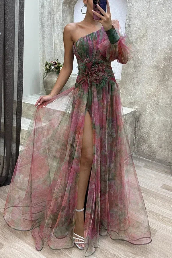 Robe longue en maille fendue haute à glissière asymétrique à épaule dénudée pour femme, robe de soirée à fleurs décoratives
