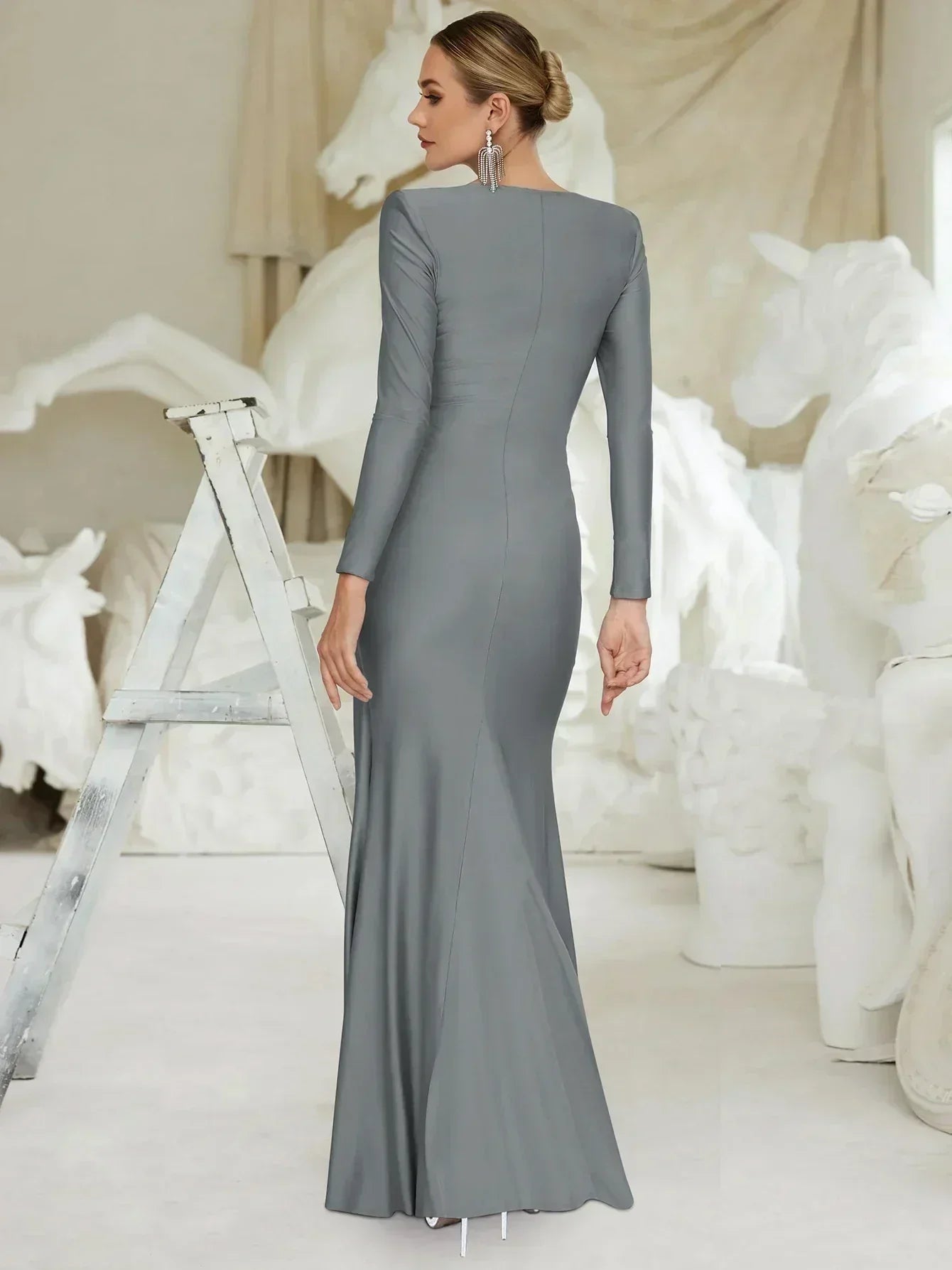 Robe longue Dulzura à manches longues et épaulettes, froncée, unie, élégante, pour bal de promo ou soirée, tenue d'automne et d'hiver pour femme