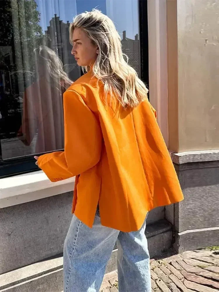 Veste de costume col V boutonnée sur le côté pour femme Manches longues couleur unie Manteaux Poignets poches Hauts oversize Vêtements féminins style urbain