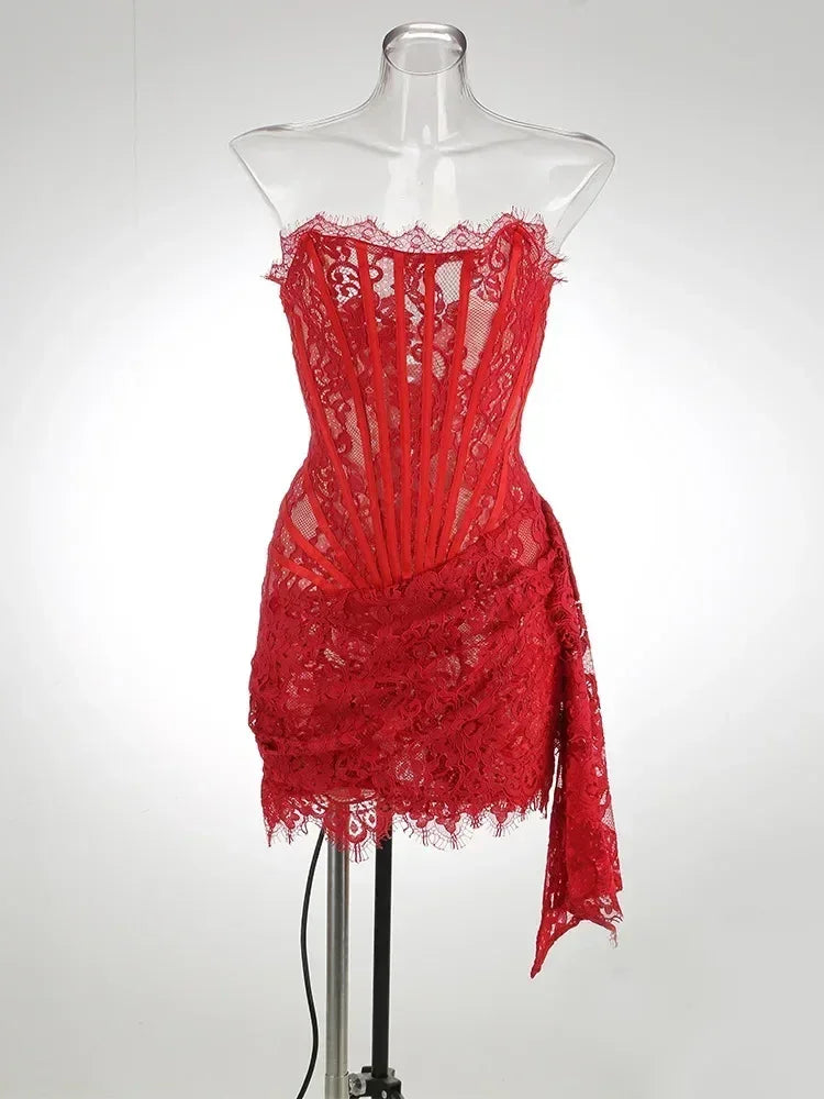 TARUXY Robe Corset Sexy en Dentelle Transparente et Patchwork, Robe Moulante Élégante de Soirée, Mini Robe Irrégulière pour Femme, Robe Bustier Nouvelle Collection