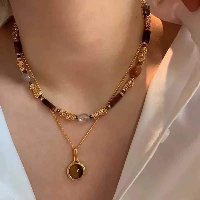 Automne et Hiver Nouveau Collier Double Couche en Perles et Pierre Naturelle avec Chaîne Ras du Cou pour Femmes
