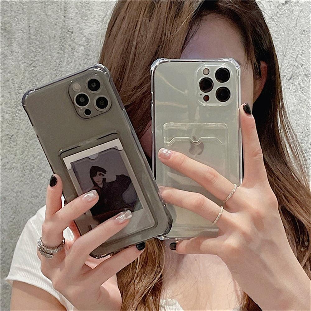 Étui transparent porte-cartes pour iPhone 13 11 12 14 Pro Max Mini Coque souple antichoc transparente avec porte-cartes Étui de téléphone transparent avec porte-cartes Coque fine de protection souple antichoc avec porte-cartes