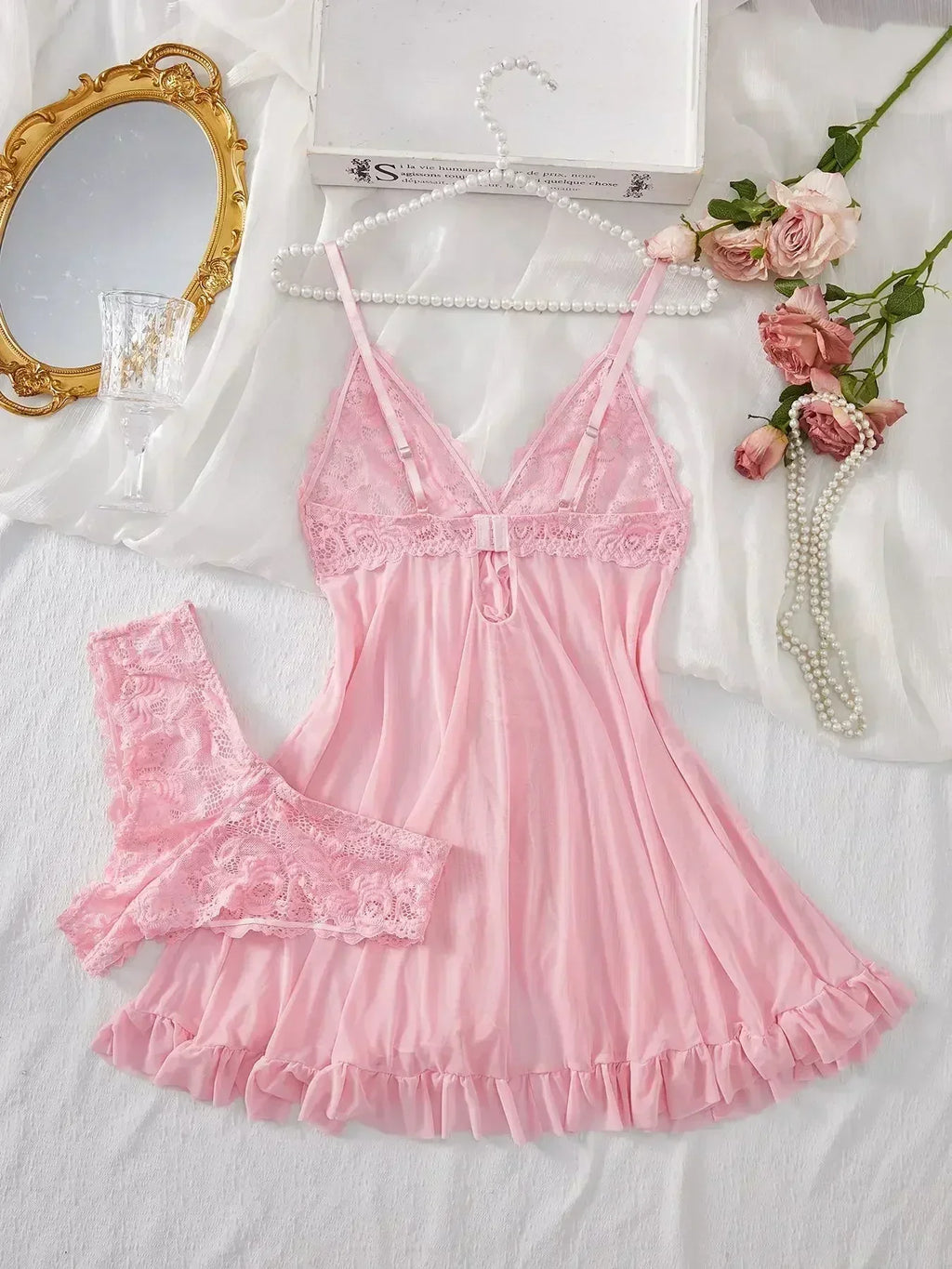 Ensemble de Lingerie Sexy Femme Soutien-gorge Érotique Chemise de Nuit Lingerie en Dentelle Sexy Vêtements de Nuit Couleur Unie Robes Fines et Douces Col en V Nuisette Complète et Robes