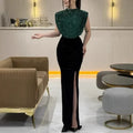 Robe longue élégante à taille haute, robe de soirée décontractée à col rond sans manches pour femme, drapée fendue, épissure à sequins, nouvelle collection 2025
