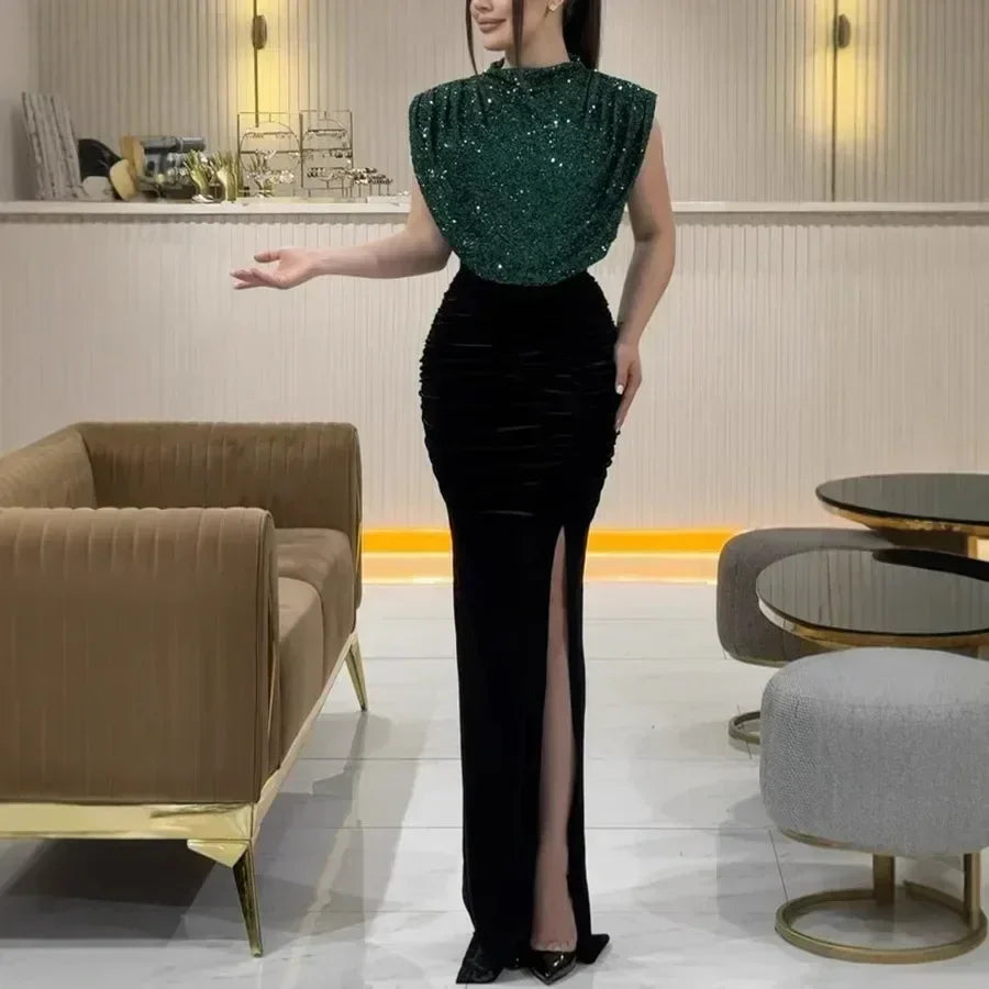 Robe longue élégante à taille haute, robe de soirée décontractée à col rond sans manches pour femme, drapée fendue, épissure à sequins, nouvelle collection 2025