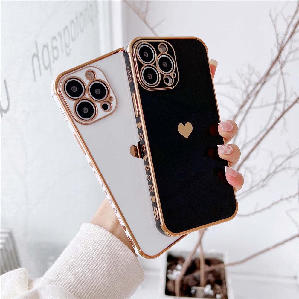Étui de téléphone de luxe en silicone souple antichoc avec protection intégrale de l'objectif pour filles, étui de téléphone pour iPhone 14 13 12 Pro 12Mini, étui de téléphone antichoc élégant avec cœur d'amour pour femmes