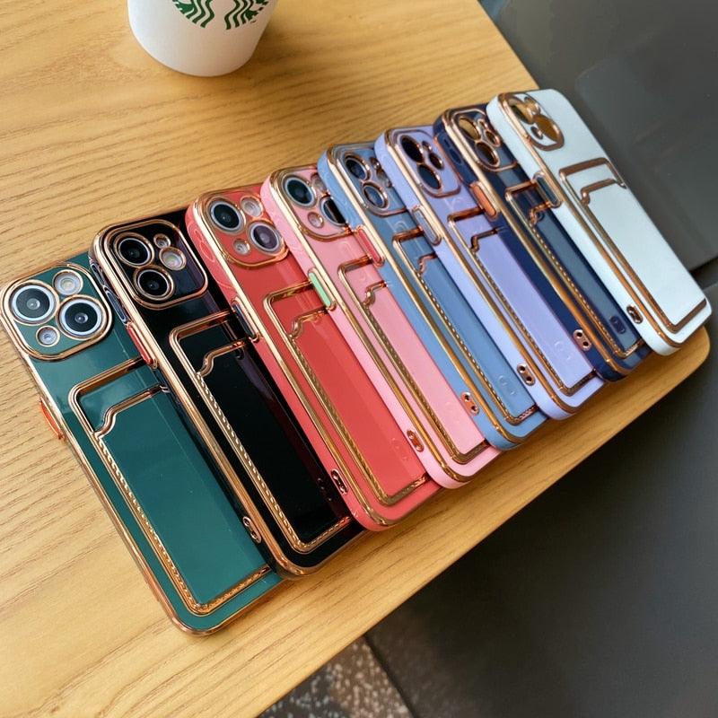 Étui de luxe plaqué en silicone avec porte-cartes pour iPhone 14 12 13 Pro Max Élégant pour femme Étui portefeuille souple antichoc Bords souples Magnifique étui pour smartphone brillant pour femme