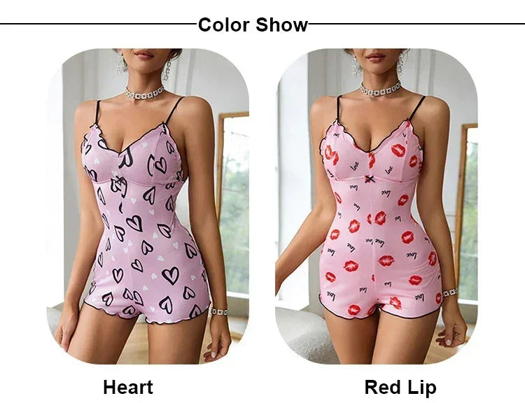 Pyjama une pièce pour femme, pyjama à lèvres rouges imprimées, sans manches, barboteuse courte, pyjama amusant pour adultes, col en V, bretelles, body