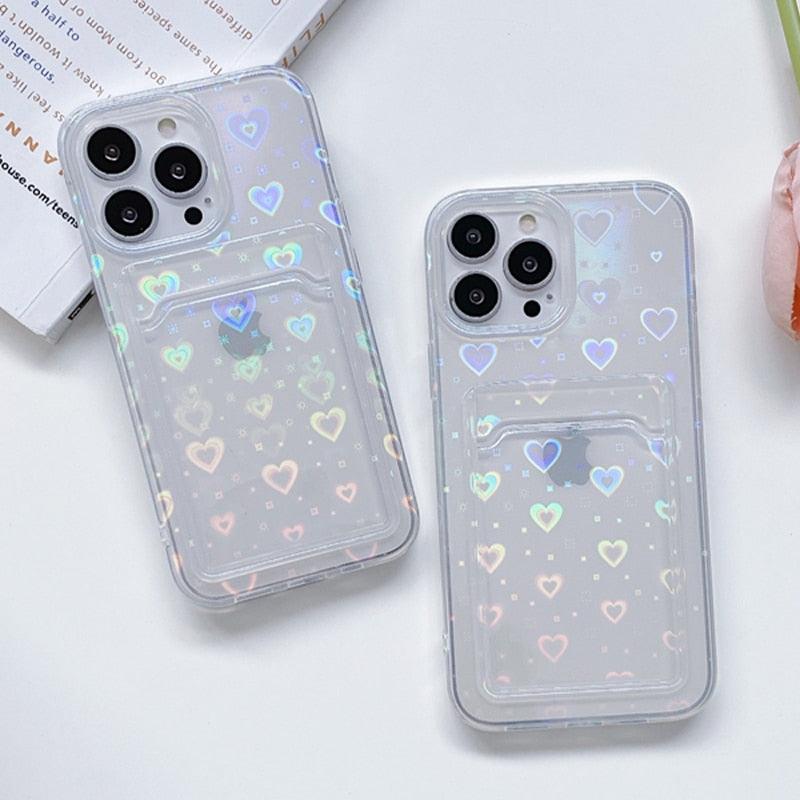 Coques de téléphone transparentes avec motif cœur mignon pour iPhone 13 14 Pro Max Simple Luxueux Amour Dégradé Silicone Étui Portefeuille Porte-Cartes Housse de protection antichoc