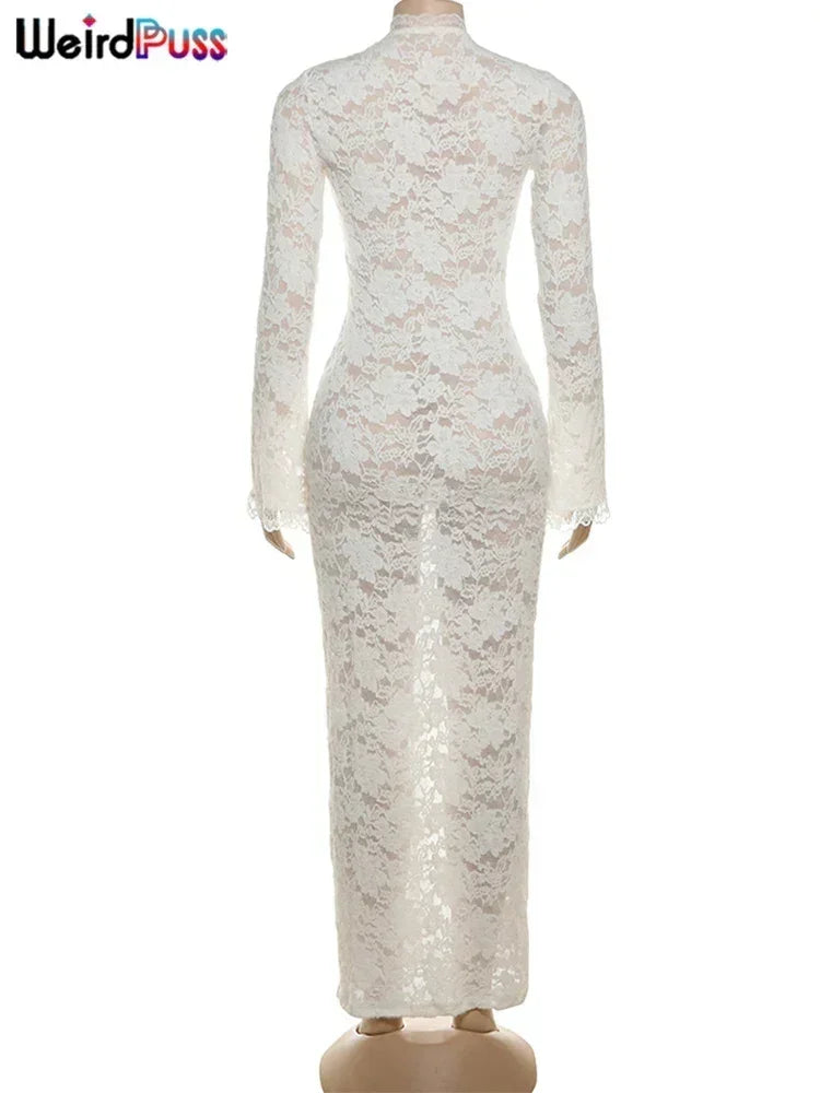 Weird Puss Broderie Volants Robe Femmes Sexy Col V Profond Fentes Transparent Uni Gland Poignets Pétale Street Élégance Vestidos