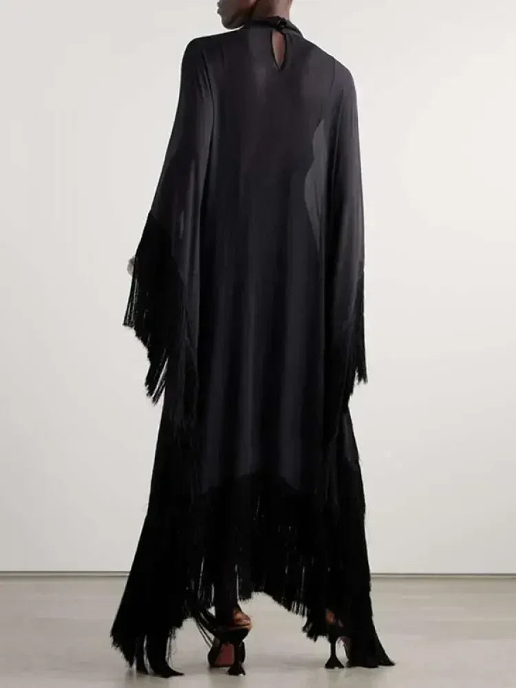 Yeezzi 2025 Nouvelle Mode Printemps Robes de Soirée Transparentes à Franges Femme Manches Chauve-Souris Couleur Unie Col Montant Ensemble Deux Pièces Robe