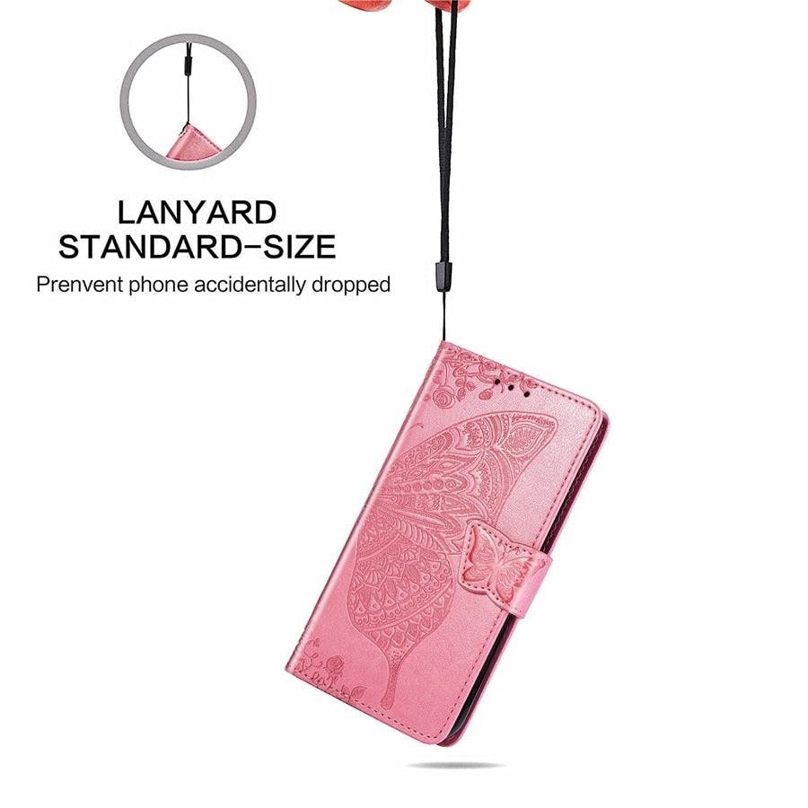 Étui Portefeuille de Luxe Rose Papillon Fleur pour iPhone 14 Pro Max 13 12 Classique Simple Cuir avec Porte-Cartes Béquille Dragonne Rabat pour iPhone