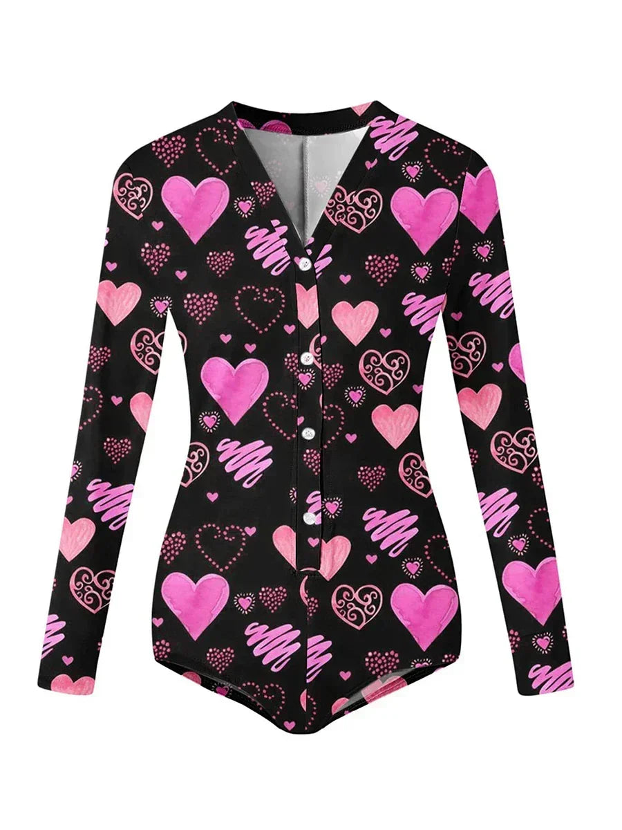 Combinaison moulante pour femme à manches longues, col en V, imprimé cœurs et lèvres, boutonnée, courte, vêtement de nuit d'intérieur pour la Saint-Valentin