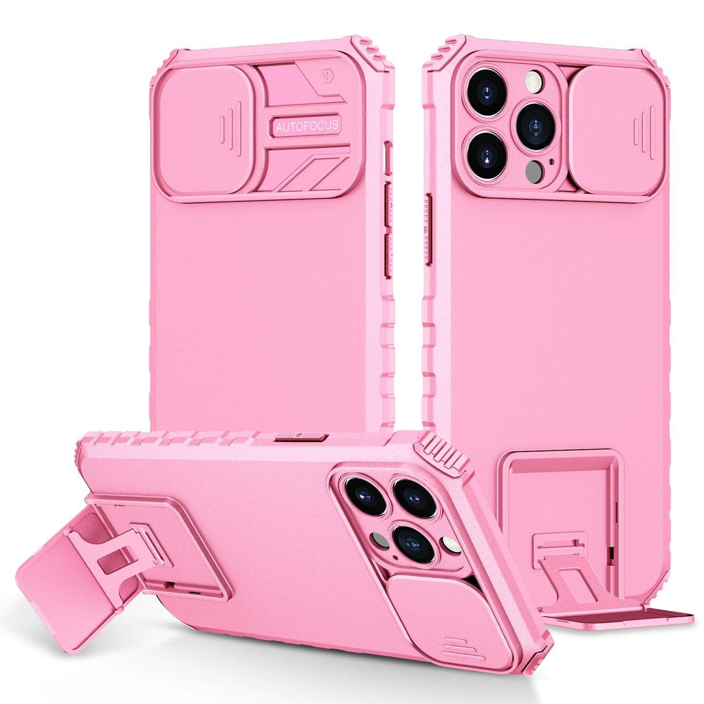 Étui antichoc bleu avec support réglable pour iPhone 14 13 12 11 Pro Max, avec protection coulissante pour appareil photo et béquille, protection antichoc, design moderne pour iPhone