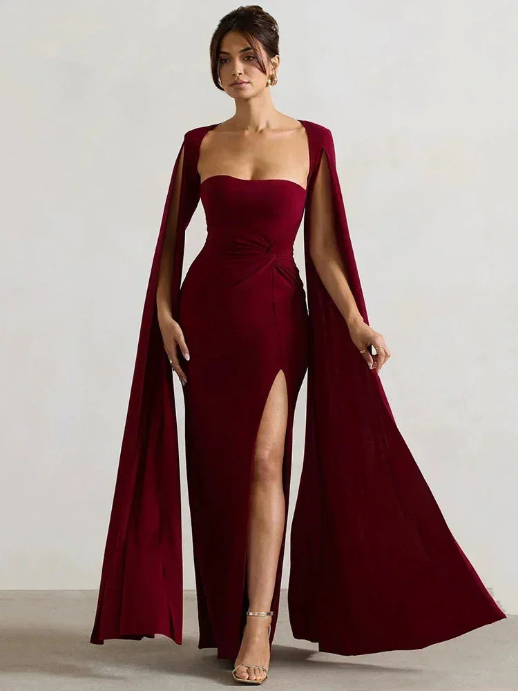Mozision Robe longue fendue à manches cape pour femme, élégante robe de soirée longue à col carré, couleur unie, nouvelle collection