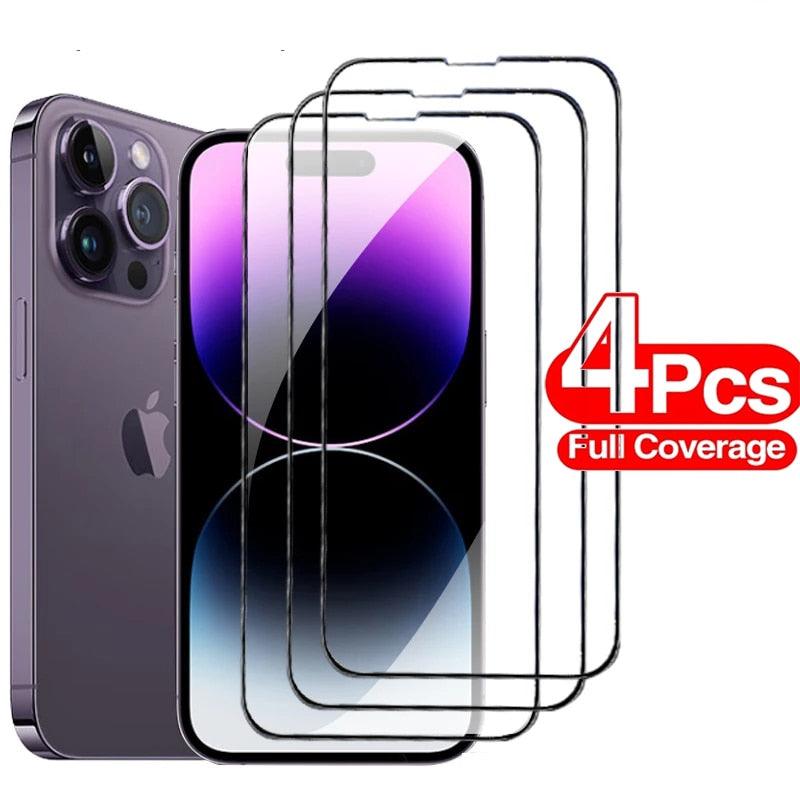 Lot de 4 verres trempés de protection pour iPhone 14 13 12 11 Pro Max Mini, protecteur d'écran sur iPhone 14 Plus 11 X XR XS Max 6 7 8, verre de qualité militaire antichoc et anti-jaunissement